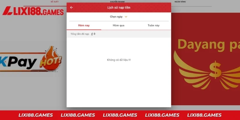Bấm LỊCH SỬ ở góc phải để theo dõi trạng thái lệnh nạp tiền Lixi88