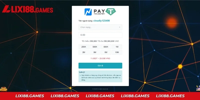 Chọn mạng và nhập đúng số tiền khi nạp USDT vào Lixi88