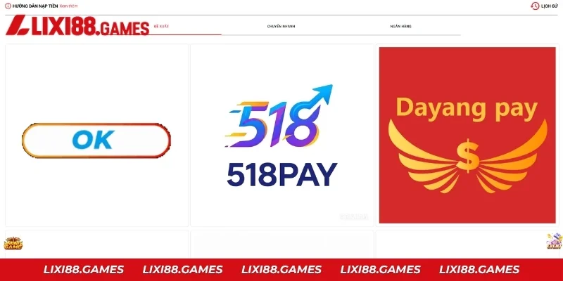 Chọn tab và cổng thanh toán phù hợp trên trang nạp tiền Lixi88