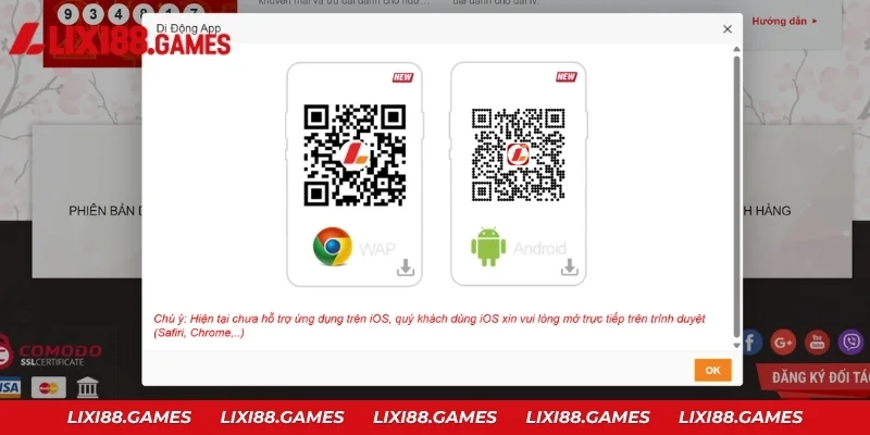 Cửa sổ Di Động App có 2 mã QR cho bản WAP và app Android Lixi88